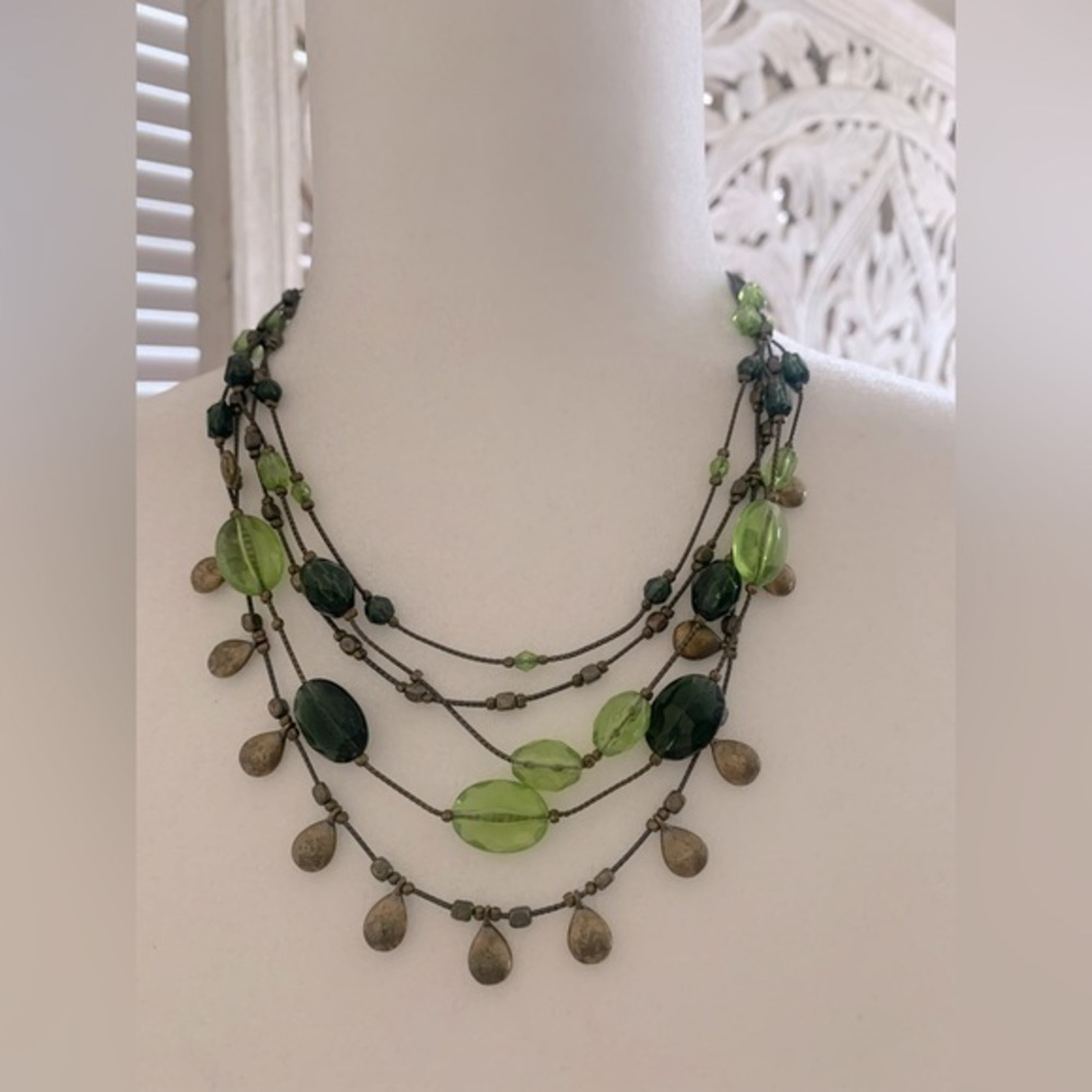 Green and gold Necklace Multiple Layer with Multi Beads